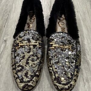 Sam Edelman Gold & Black Sequin Loafers with Faux Fur Trim